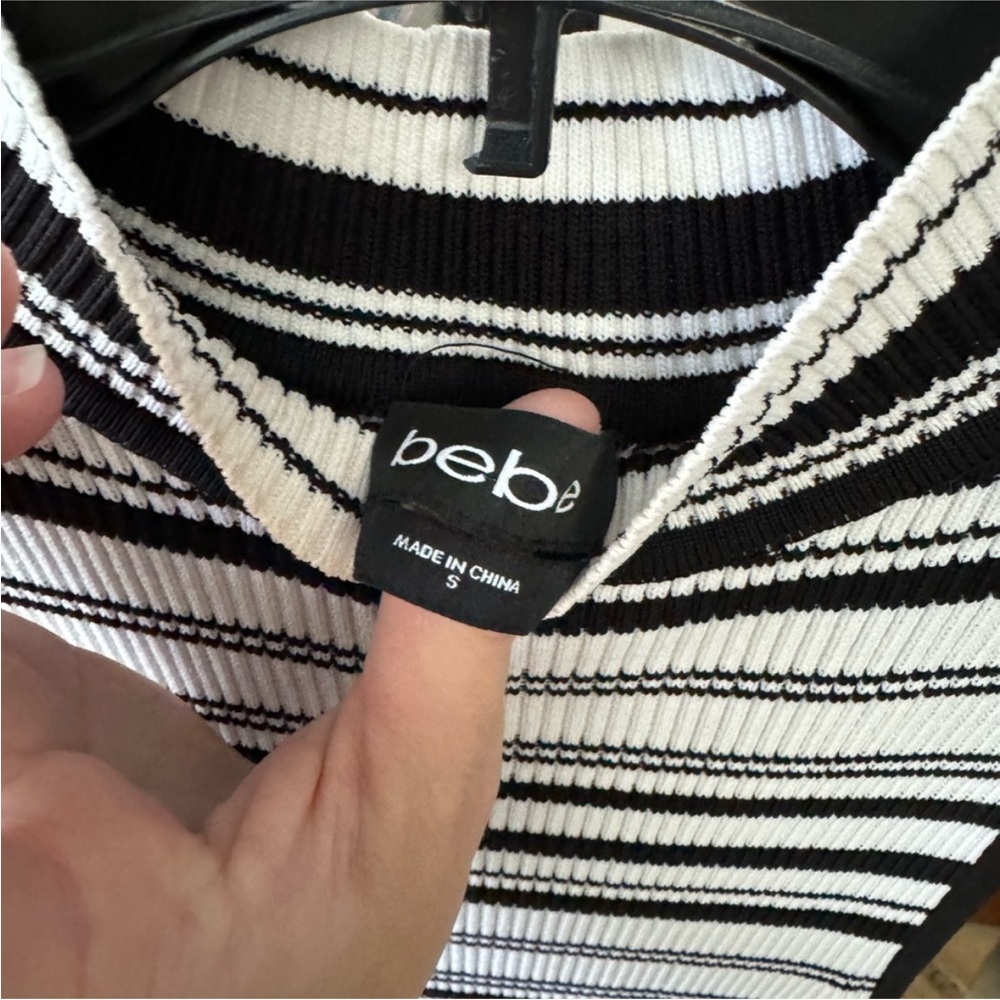 bebe Black White Stripe Mock Neck Bodycon Midi Dress Minimal 90s Chic Small‎ - Picture 4 of 16